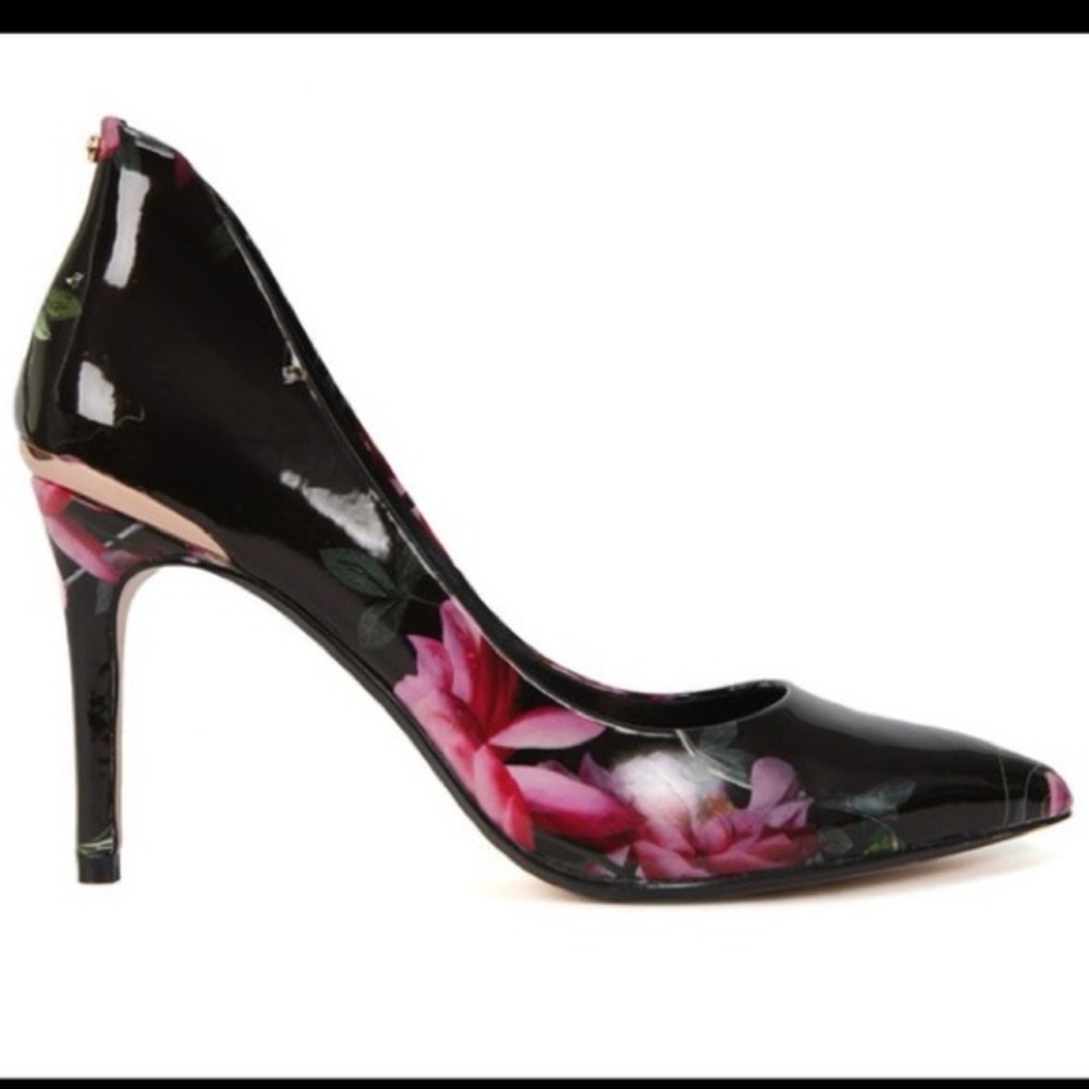 Ted Baker Black Patent Leather Floral Heels Pumps - Picture 2 of 11